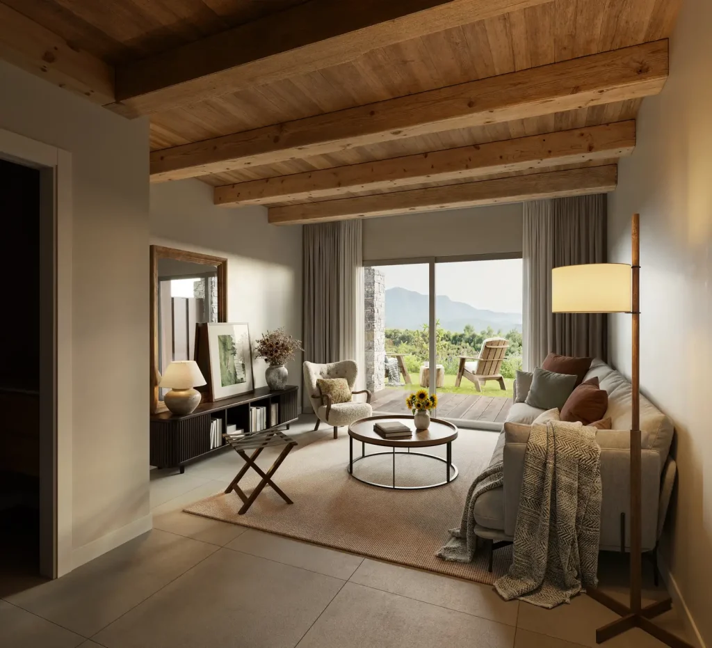 Infografía del salón con grandes ventanales y vistas al valle